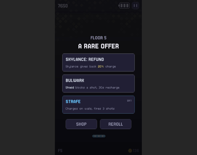 The floor 5 reward screen, headed “A Rare Offer”, presenting three skill cards — Skylance: Refund, Bulwark, and Strafe — above Shop and Reroll buttons.